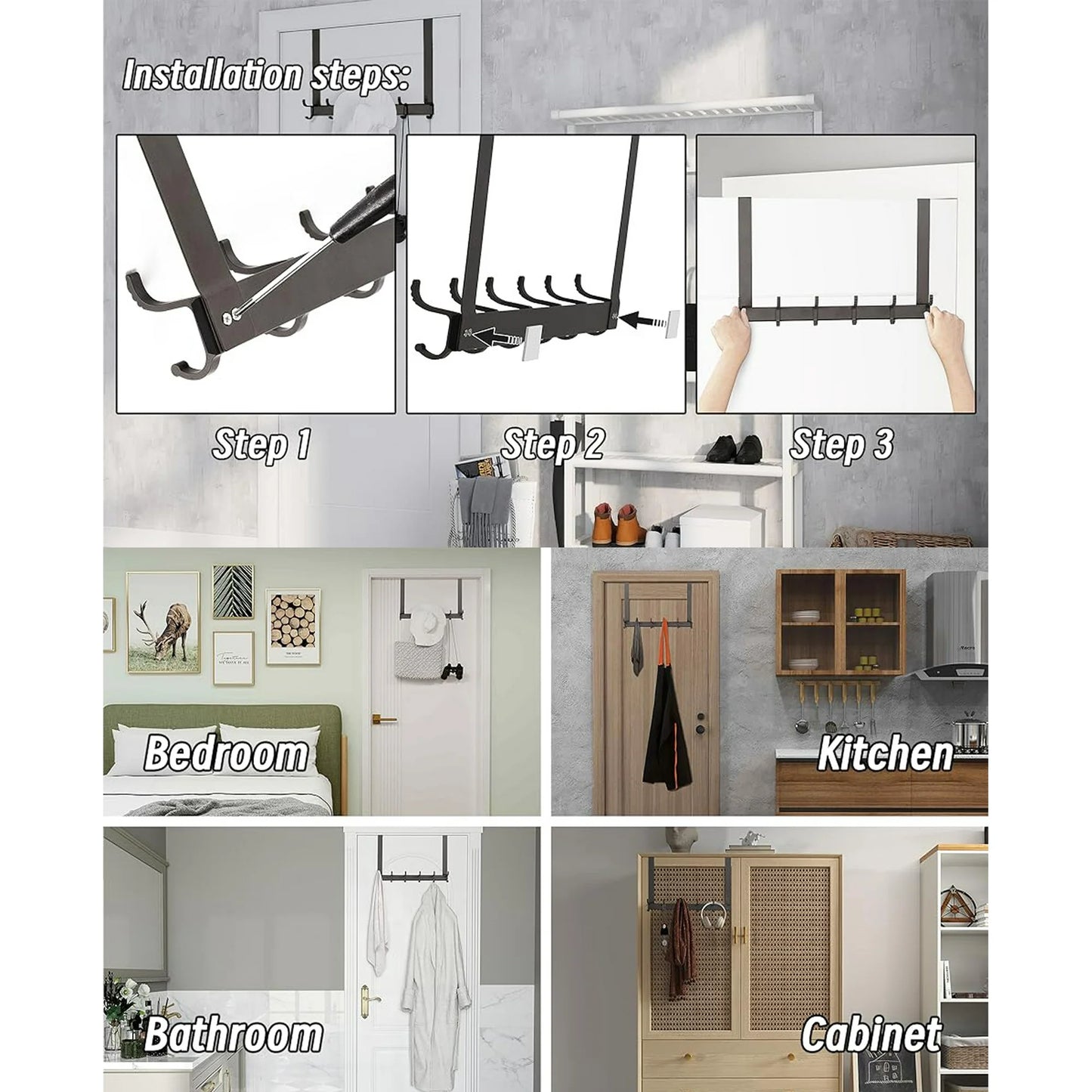 Over The Door Hooks for Hanging,Heavy Duty Hanger Holder for Hanging with 5 Dual Hooks,Over The Door Hanger Hook, Black Over the Door Towel Rack Fits 1-3/4" Thick Door