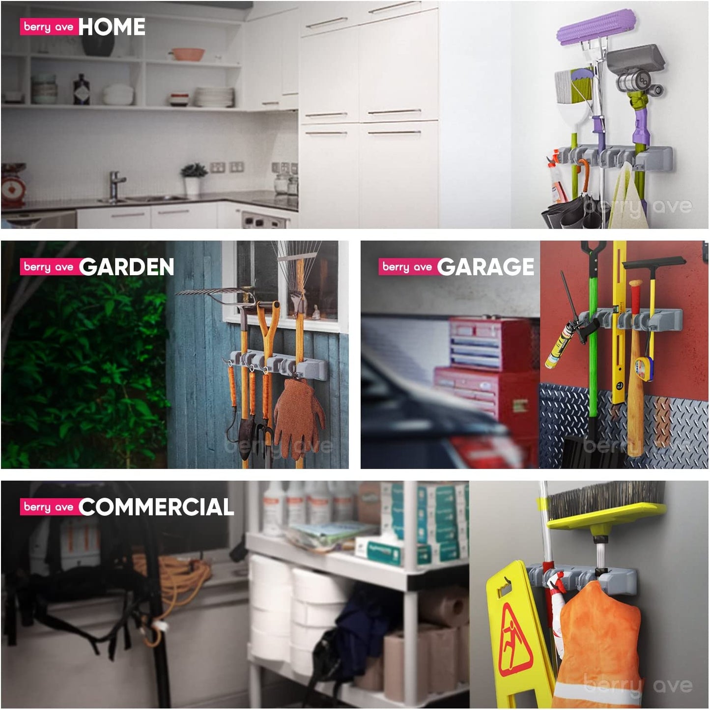 Mop Broom Holder Wall Mount, Plastic Broom Organizer Wall Mount, Organizations and Storage with Hooks Heavy Duty, Garden Kitchen Tool Organizer for Home Cleaning Supplies (4 Positions, 5 Hooks)