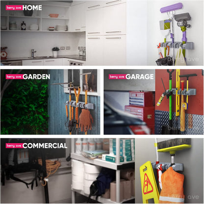 Mop Broom Holder Wall Mount, Plastic Broom Organizer Wall Mount, Organizations and Storage with Hooks Heavy Duty, Garden Kitchen Tool Organizer for Home Cleaning Supplies (4 Positions, 5 Hooks)