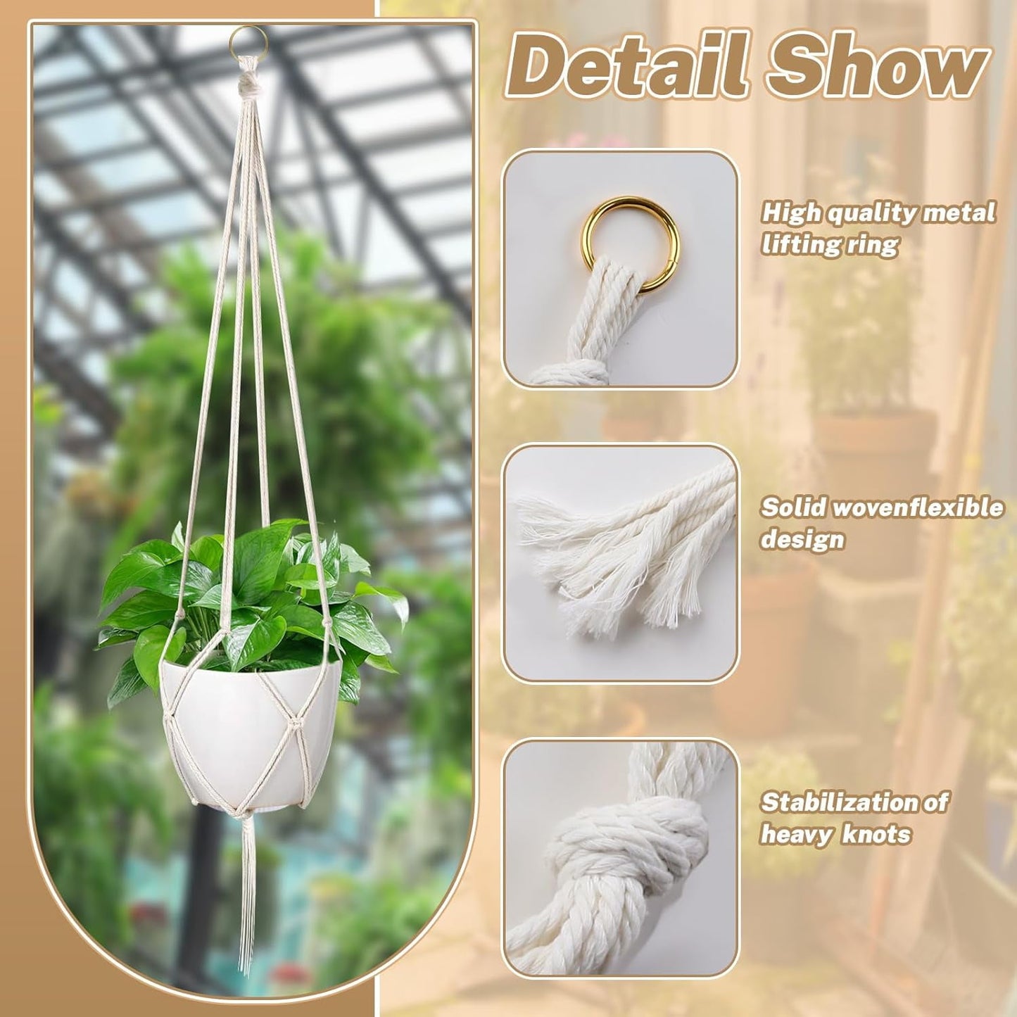 4pcs Macrame Plant Hangers, Hanging Planters for Indoor Plants Hanger,Hanging Planter Basket Decorative Flower Pot Holders for Succulents Cacti Herbs, Boho Home Decor