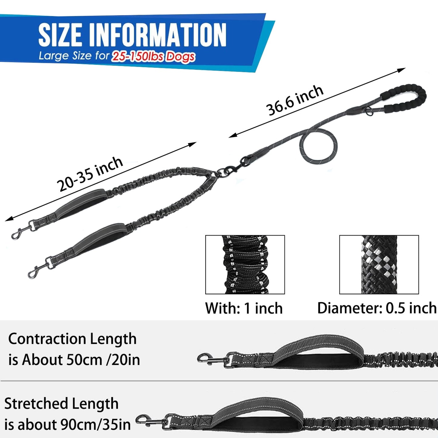 Double Dog Leash with Two Extra Handles, 360 Swivel No Tangle Dual Dog Walking Leash, Comfortable Shock Absorbing Reflective Bungee for Two Dogs (18~120 lbs, Black)