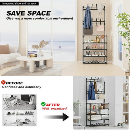 Coat Rack,Hall Tree with Bench and Shoe Storage for Entryway Bench,Coat Tree with 4-Tier Shoe Rack Organizer, 8 Removable Hooks, Black