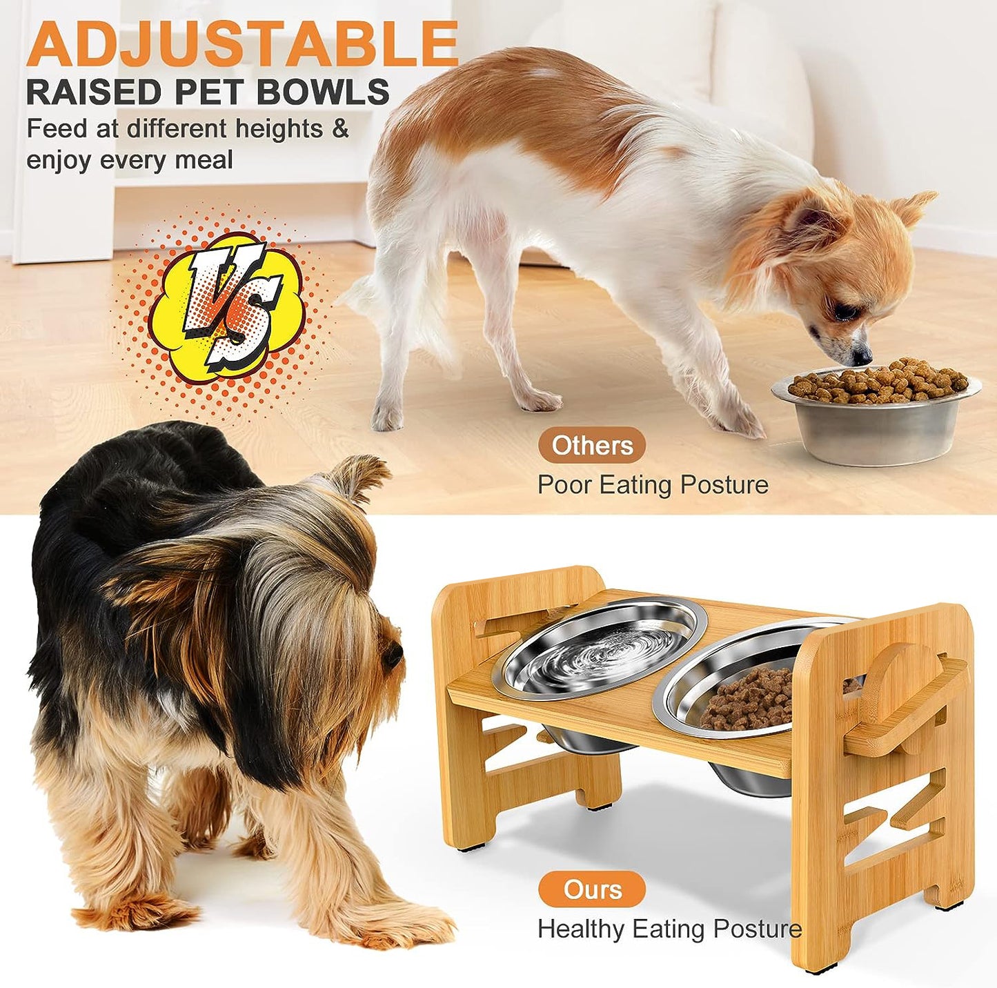 Elevated Dog Bowls for Small Dogs, Elevated Cat Bowls for Indoor Cats, Adjustable Raised Dog Bowl Stand, Raised Cat food Bowls with 2 Stainless Steel Bowls, Bamboo Dog Food Bowls with Stand