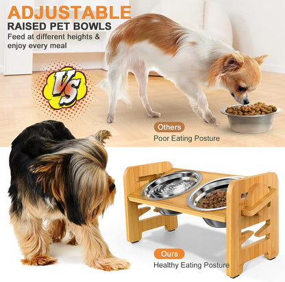 Elevated Dog Bowls for Small Dogs, Elevated Cat Bowls for Indoor Cats, Adjustable Raised Dog Bowl Stand, Raised Cat food Bowls with 2 Stainless Steel Bowls, Bamboo Dog Food Bowls with Stand