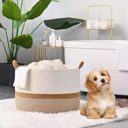Large Laundry Basket Cotton Rope Storage Basket(16"x14"), Domaci Woven Baskets for Storage,Blanket Basket,Toy Storage Basket,Pillow Basket,Round Basket,Baby Hamper