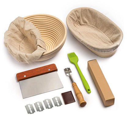 Bread Banneton Proofing Basket Set of 2, Domaci 9 Inch Round & 10 Oval Cane Sourdough Baskets with Lame,Dough Scraper Linen Liner Basting Brush for Making Baking Fermentation ﻿