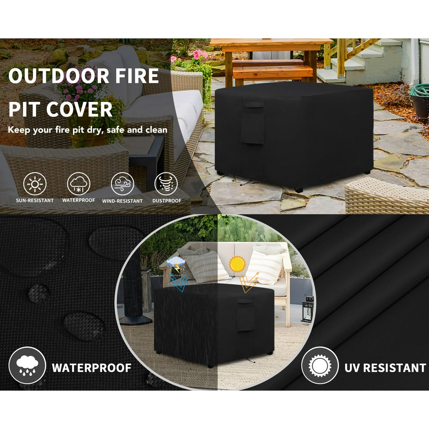 Fire Pit Cover Square, Waterproof Heavy Duty 420D Gas Fire Pit Table Cover with PVC Coating,2 Handles, 2 Air Vents,100% Waterproof,Anti-Crack, 32 x 32 x 24 inch Fits for 29”,30",31",32", Weight: 0.8LB