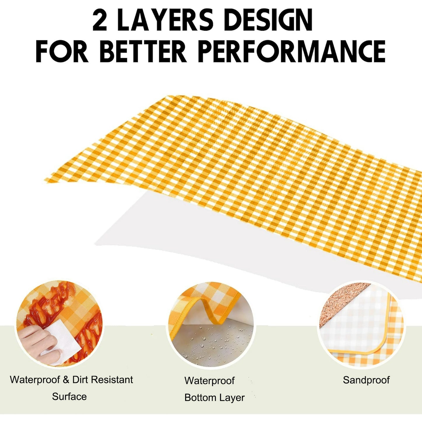 Picnic Blanket Handy Mat Tote Waterproof Sandproof Padding Portable Plaid Blanket for Lawn Park Beach Travel Yellow
