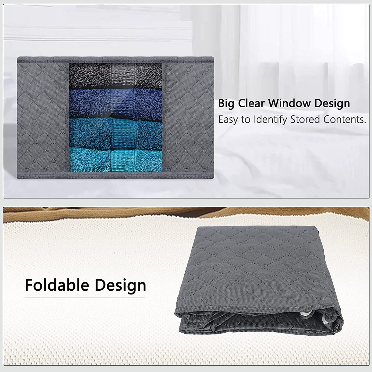 Clothes Storage, 3 Pack 84L Large Clothes Storage Bags, Foldable Closet Organizer Storage Containers with Reinforced Handle, Clear Window, Sturdy Zippers, Gray