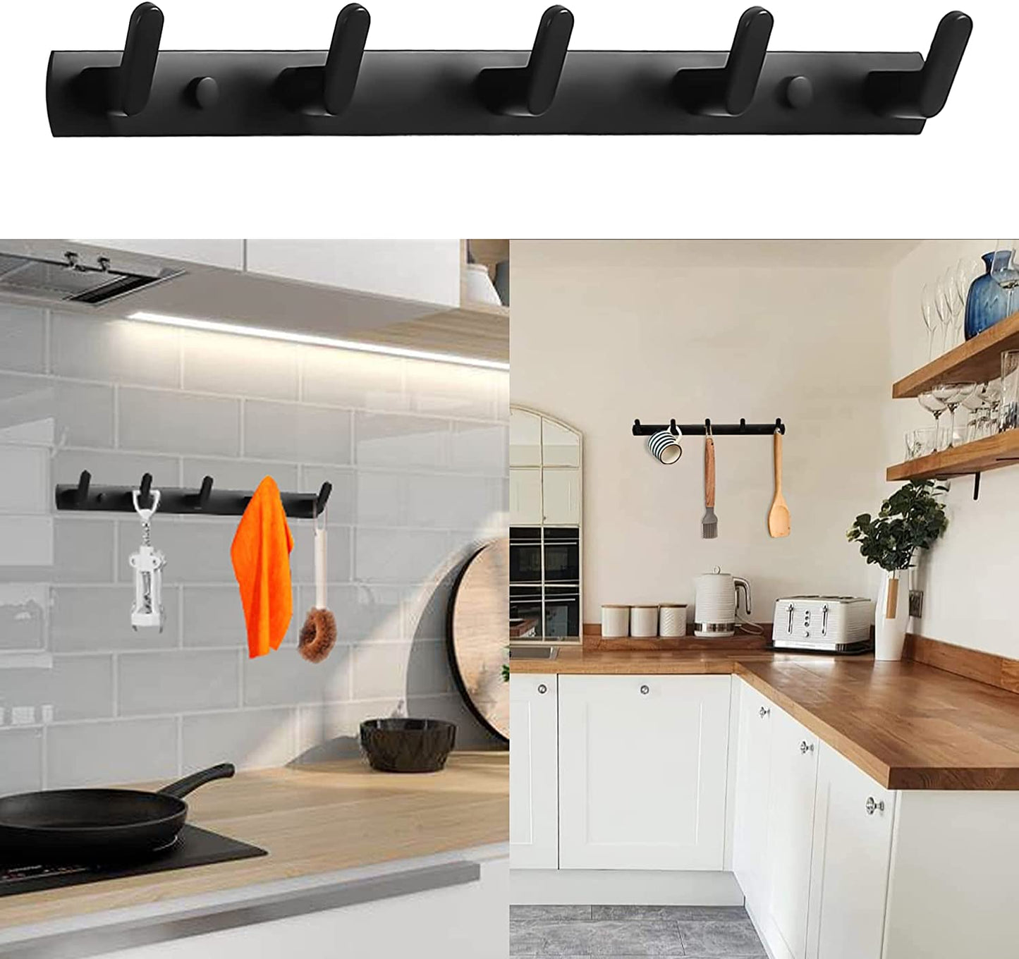 Coat Rack Wall Mount with 5 Hooks, Black Wall Coat Hooks, Dinosam Wall Mounted Modern Coat Rack, Aluminum Coat Hooks Hat Hooks Suitable for Living Room Entrance, Bedroom, Kitchen, Bathroom