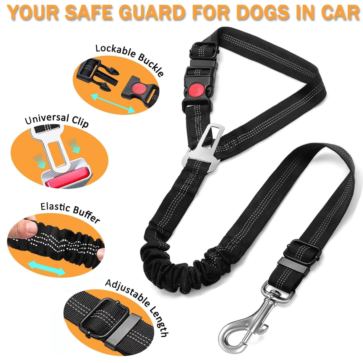 2 Pcs Dog Seat Belt for Car, Upgrade 3-in-1 Dog Car Seat Belt with Adjustable Metal Buckle, Dog Car Harness, Dog Seatbelt for Car with Elastic Bungee for Small Medium Large Dogs Pet
