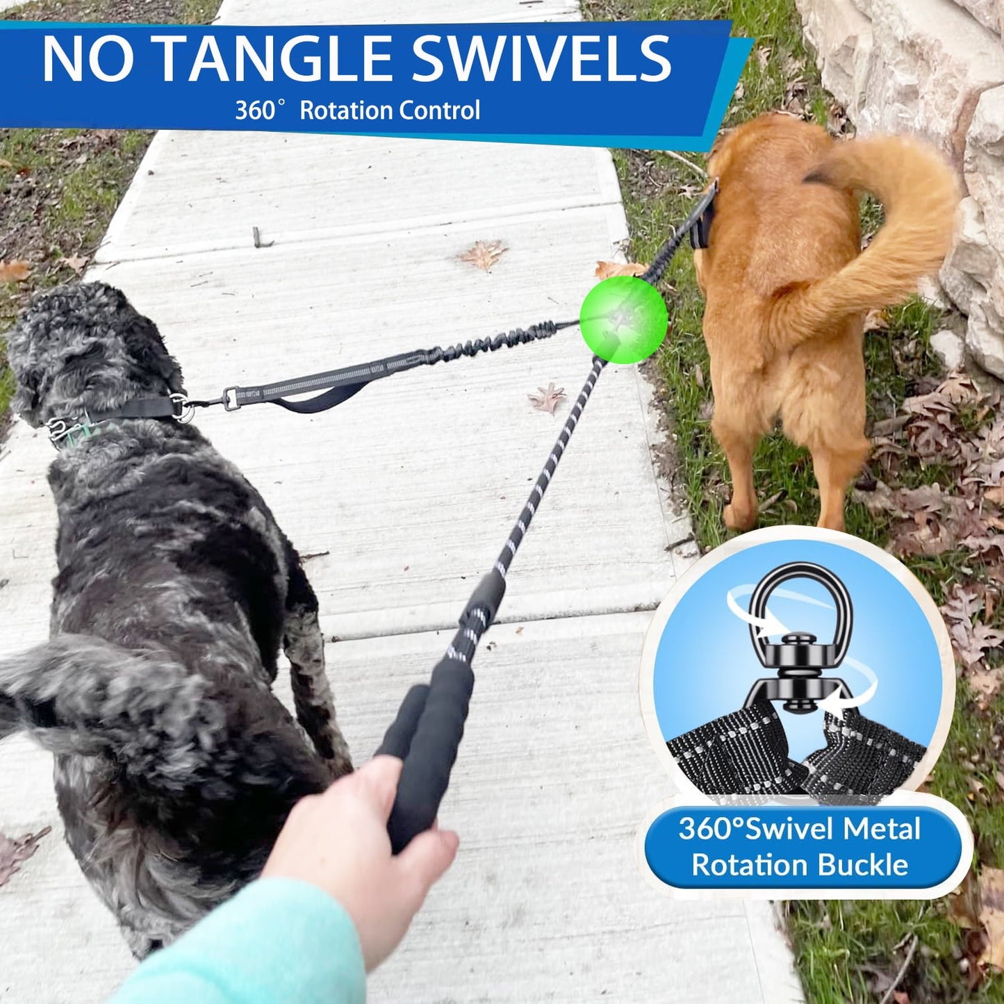 Double Dog Leash with Two Extra Handles, 360 Swivel No Tangle Dual Dog Walking Leash, Comfortable Shock Absorbing Reflective Bungee for Two Dogs (18~120 lbs, Black)