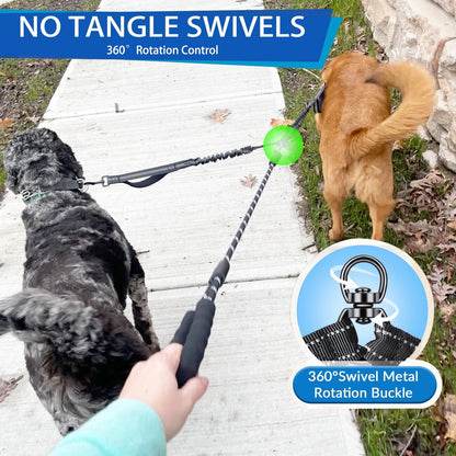 Double Dog Leash with Two Extra Handles, 360 Swivel No Tangle Dual Dog Walking Leash, Comfortable Shock Absorbing Reflective Bungee for Two Dogs (18~120 lbs, Black)