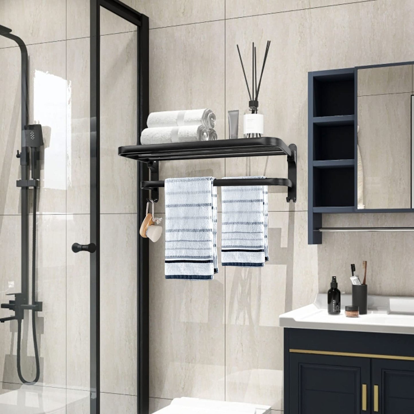 Bathroom Towel Rack Towel Shelf with Double Towel Bars Lavatory Wall Mount Holder with Hooks Stainless Steel Hotel Bath Rack (Matte Black 20 inches)