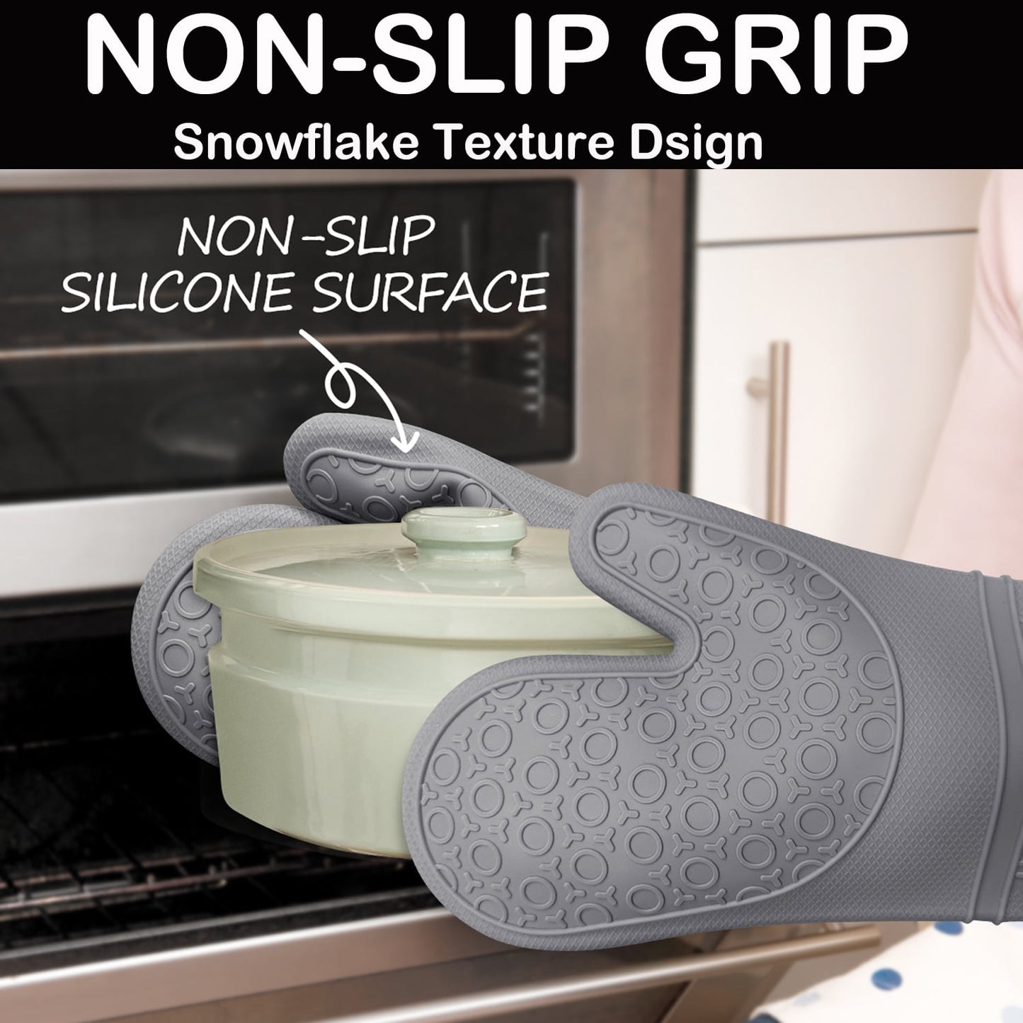 Oven Mitts and Pot Holders Sets,6pcs Pot Holders and Oven Mitts Heat Resistant, Non-Slip Silicone Mini Oven Gloves and Hot Pads for Kitchen,15" Extra Long Oven Gloves for Cooking,Gray