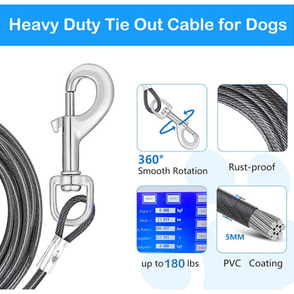 30ft Tie Out Cable for Dogs Up to 180LBS Dog Leads for Yard- and Camping No Tangle Rust Proof Training Dog Cable Can Use to Dog Chain for Yard Dogtie Out Cable Ample Length for Freedom Black