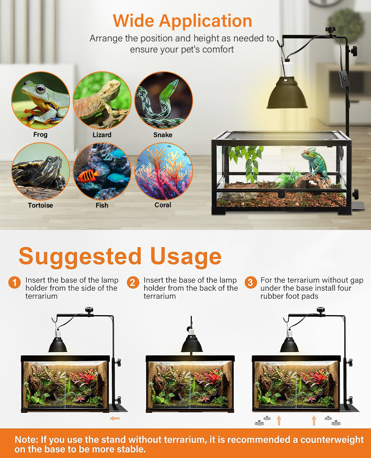 Reptile Domes Stand, Adjustable 17-37 Inch Heat Lamp Stand Fixture for Terrarium , Metal Basking Lamp Holder, Suitable for All Reptile Domes Lamp, L Size