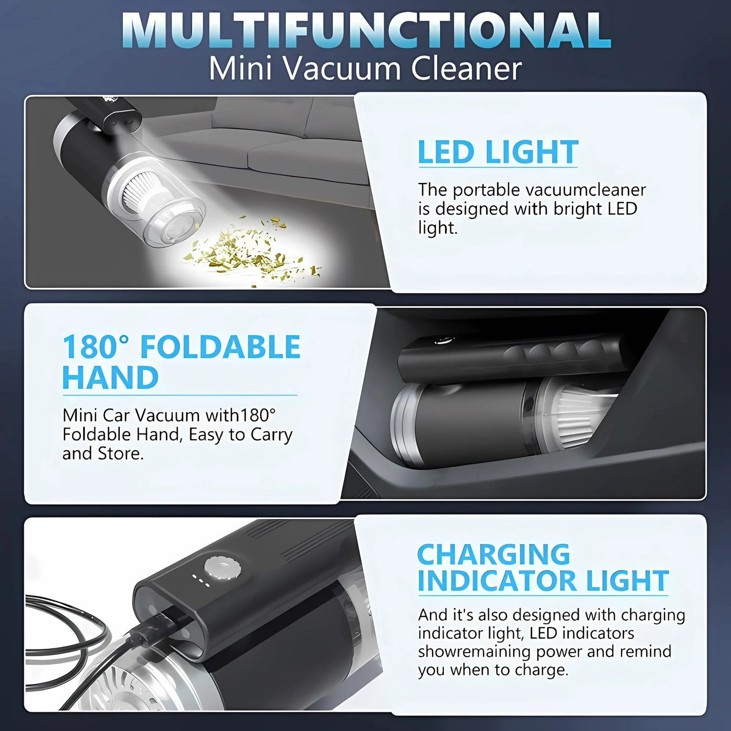 Handheld Vacuum Cordless,Domaci 14000Pa Car Vacuum Cleaner,Foldable Car Facuum Fortable Cordless 120W High Power Wet/Dry Vacuum