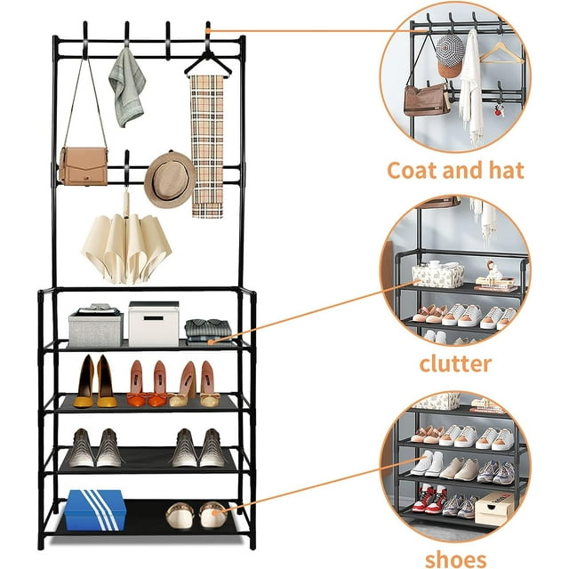 Coat Rack,Hall Tree with Bench and Shoe Storage for Entryway Bench,Coat Tree with 4-Tier Shoe Rack Organizer, 8 Removable Hooks, Black