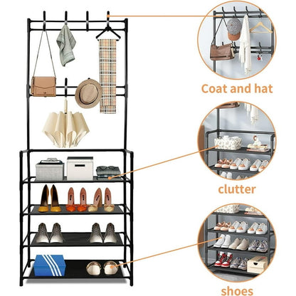 Coat Rack,Hall Tree with Bench and Shoe Storage for Entryway Bench,Coat Tree with 4-Tier Shoe Rack Organizer, 8 Removable Hooks, Black