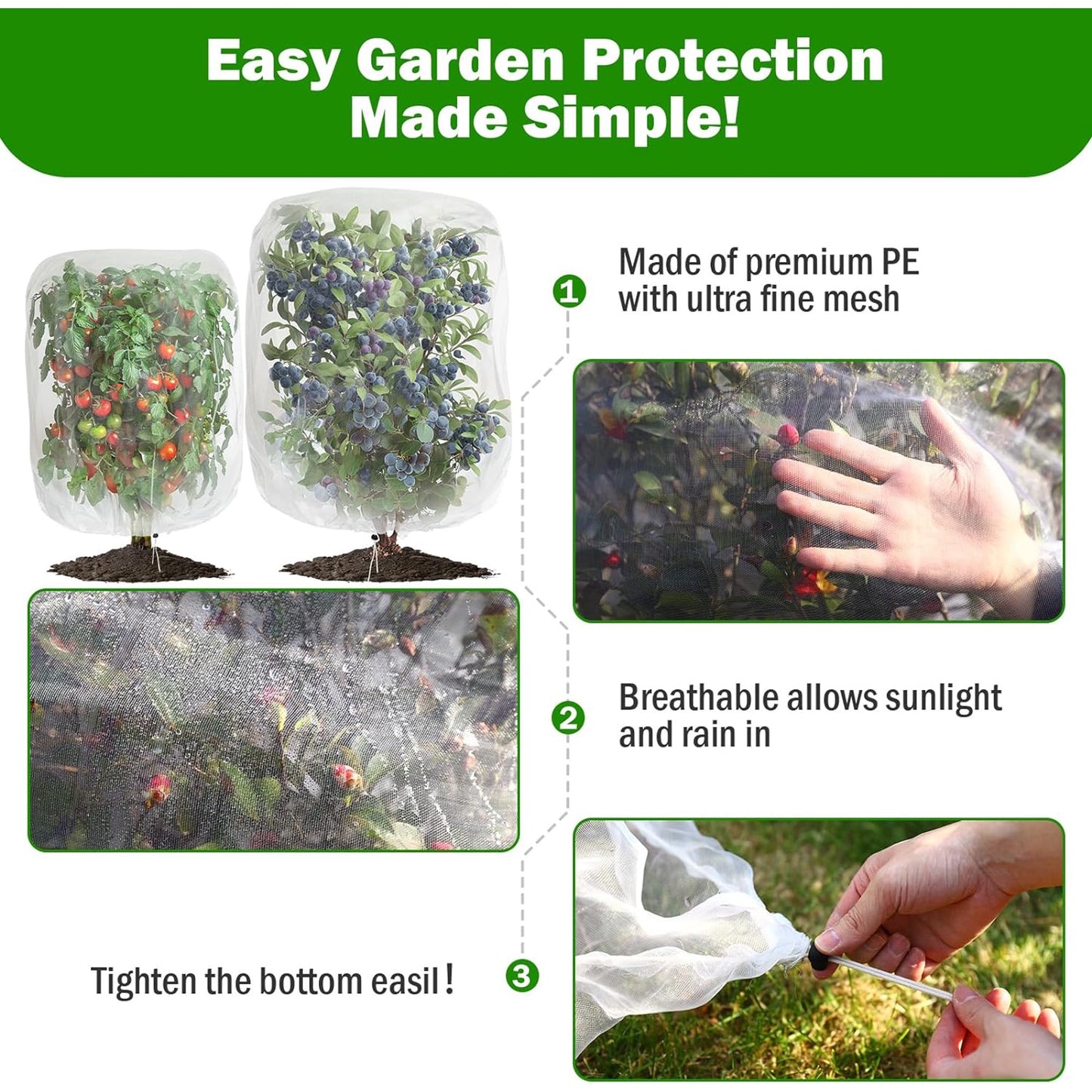 2 PCS Bird Netting, 3.28 x 5 ft Large Fruits Tree Netting,Garden Netting Plant Cover with Drawstring Transparent Bird Plant Barrier Flower Fruits Mesh Screen for Preventing Deer Squirrel