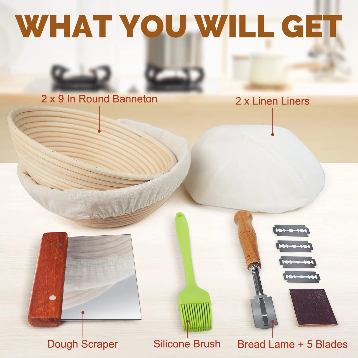 Bread Banneton Proofing Basket Set of 2, Domaci 9 Inch Round & 10 Oval Cane Sourdough Baskets with Lame,Dough Scraper Linen Liner Basting Brush for Making Baking Fermentation ﻿