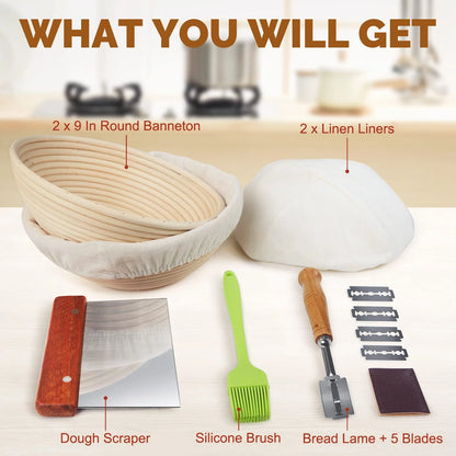 Bread Banneton Proofing Basket Set of 2, Domaci 9 Inch Round & 10 Oval Cane Sourdough Baskets with Lame,Dough Scraper Linen Liner Basting Brush for Making Baking Fermentation ﻿