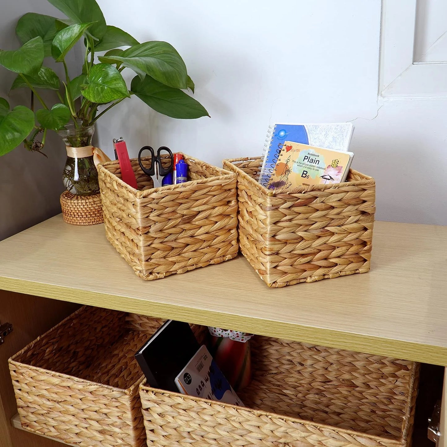 2PCS Wicker Storage Basket ,Domaci Water Hyacinth Storage Baskets,Wicker Cube Baskets Set