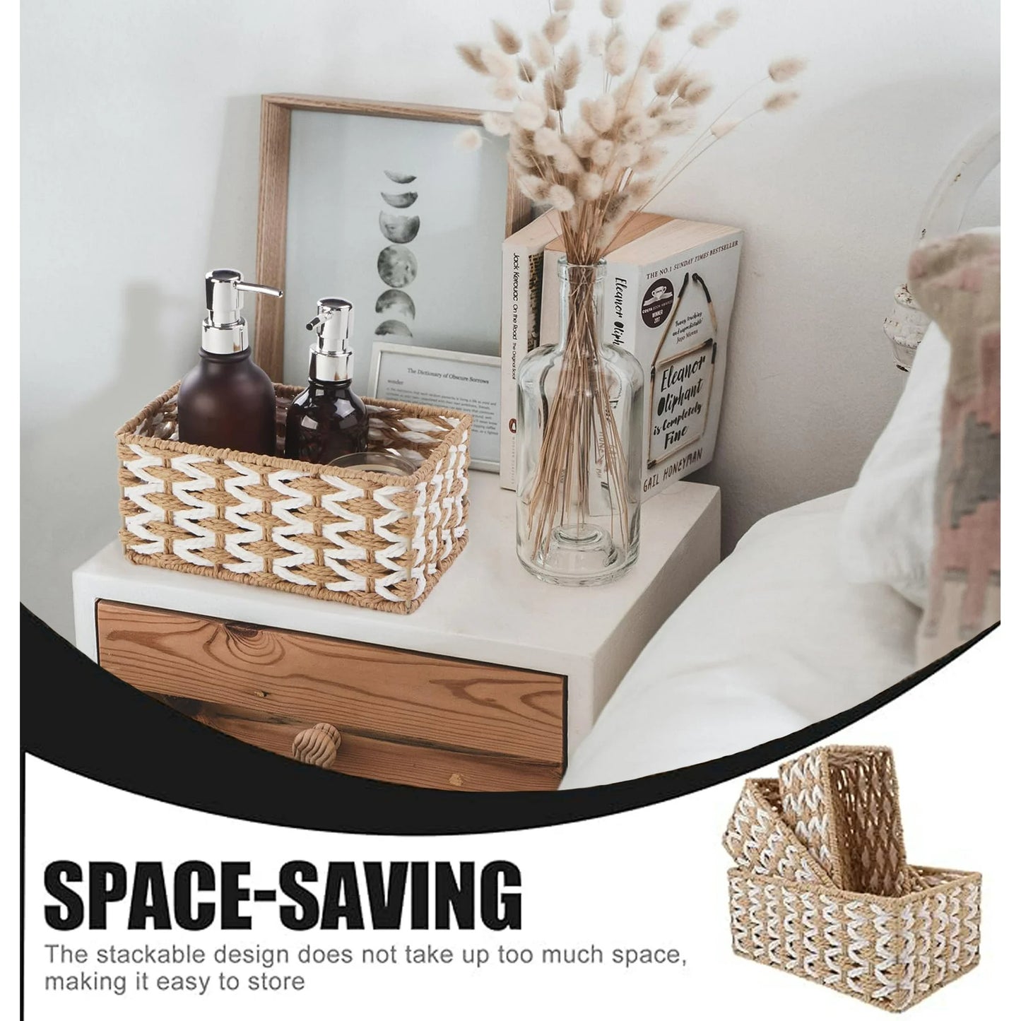 Wicker Basket Set of 3, Seagrass Storage Baskets for Shelves with Iron Wire Frame,Woven Baskets for Storage,Wicker Storage Basket for Bathroom, Bedroom, Laundry, Pantry, Shelves