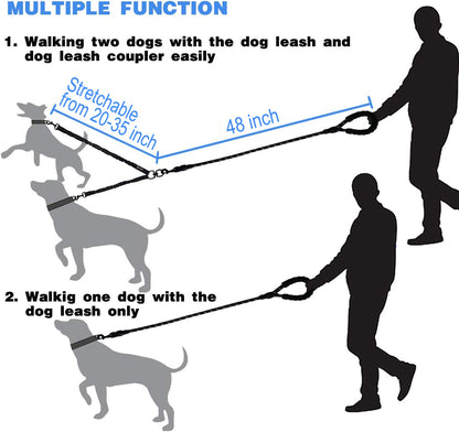 Double Dog Leash for 2 Dogs, Dual Dog Training Leash, Dinosam 360 Swivel No Tangle Walking Two Dog Leash for Dog Training, Shock Absorbing Bungee Double Leash for 2 Dogs, Black (25-150 lbs)