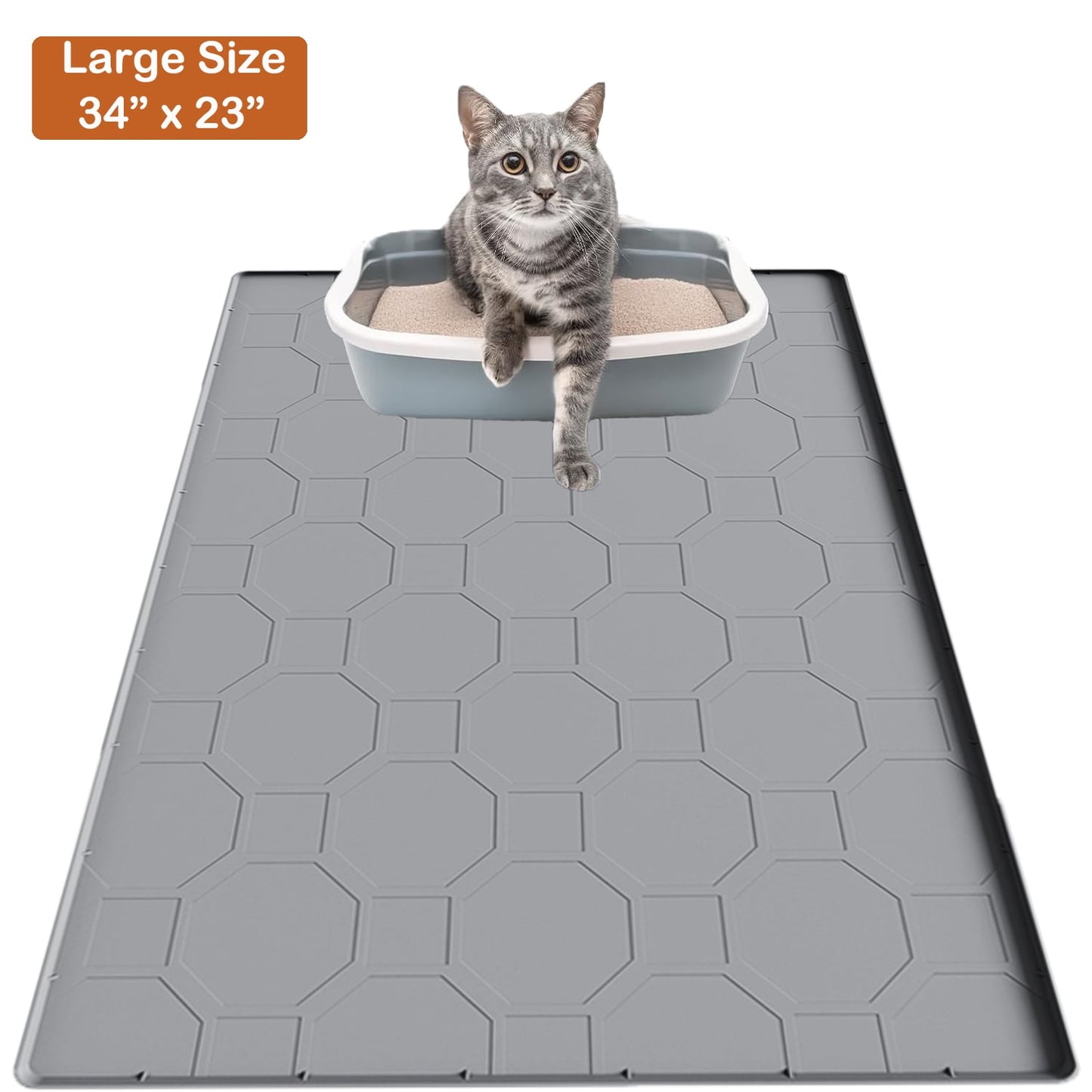 Cat Litter Mat Waterproof ,Large 34"*23" Non-slip Silicone Cat Litter Mat,Cat Litter Box Mat for Litter Trapping,Easy to Store Kitty Litter Mat Gray