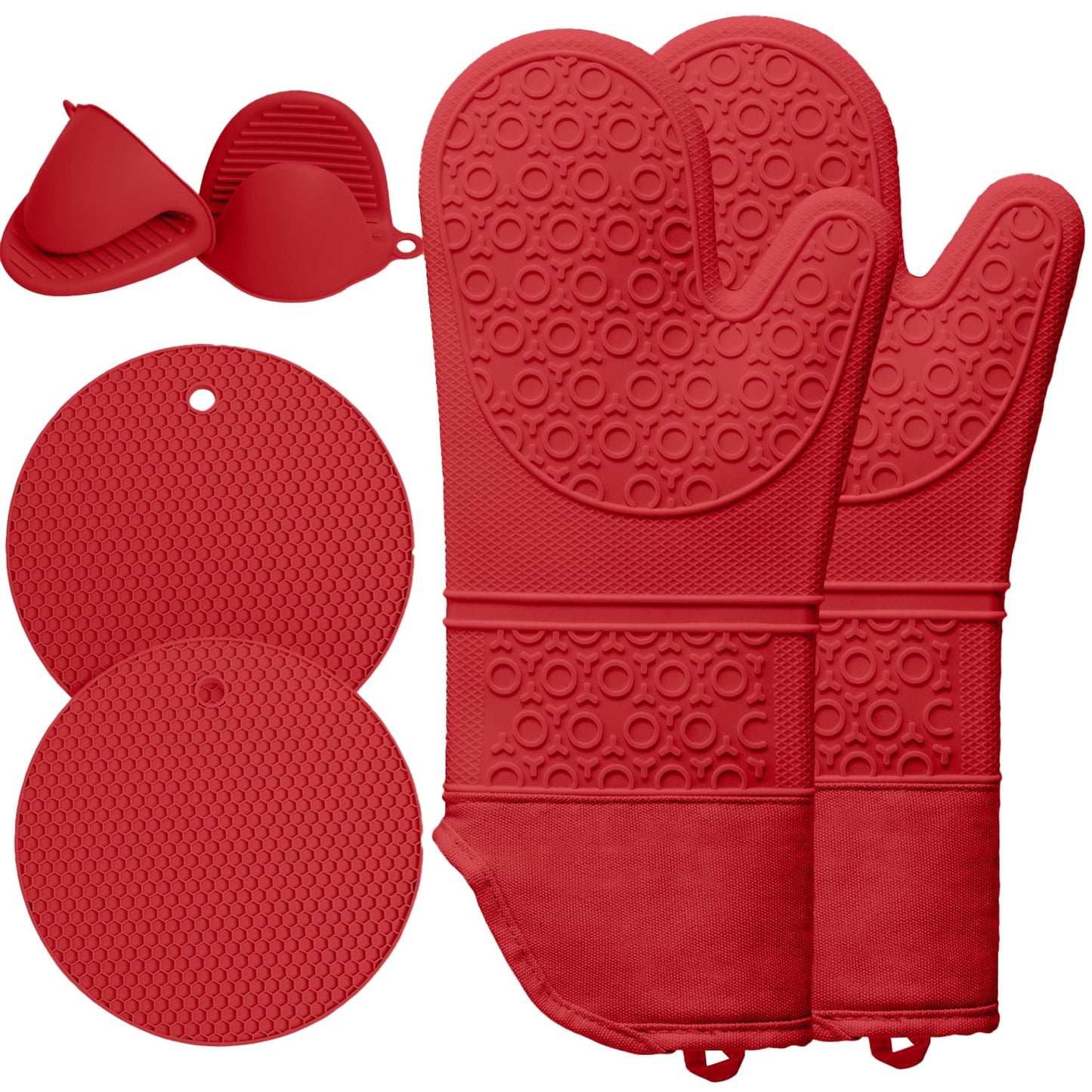 Oven Mitts and Pot Holders Sets,6pcs Pot Holders and Oven Mitts Heat Resistant, Non-Slip Silicone Mini Oven Gloves and Hot Pads for Kitchen,15" Extra Long Oven Gloves for Cooking,Red