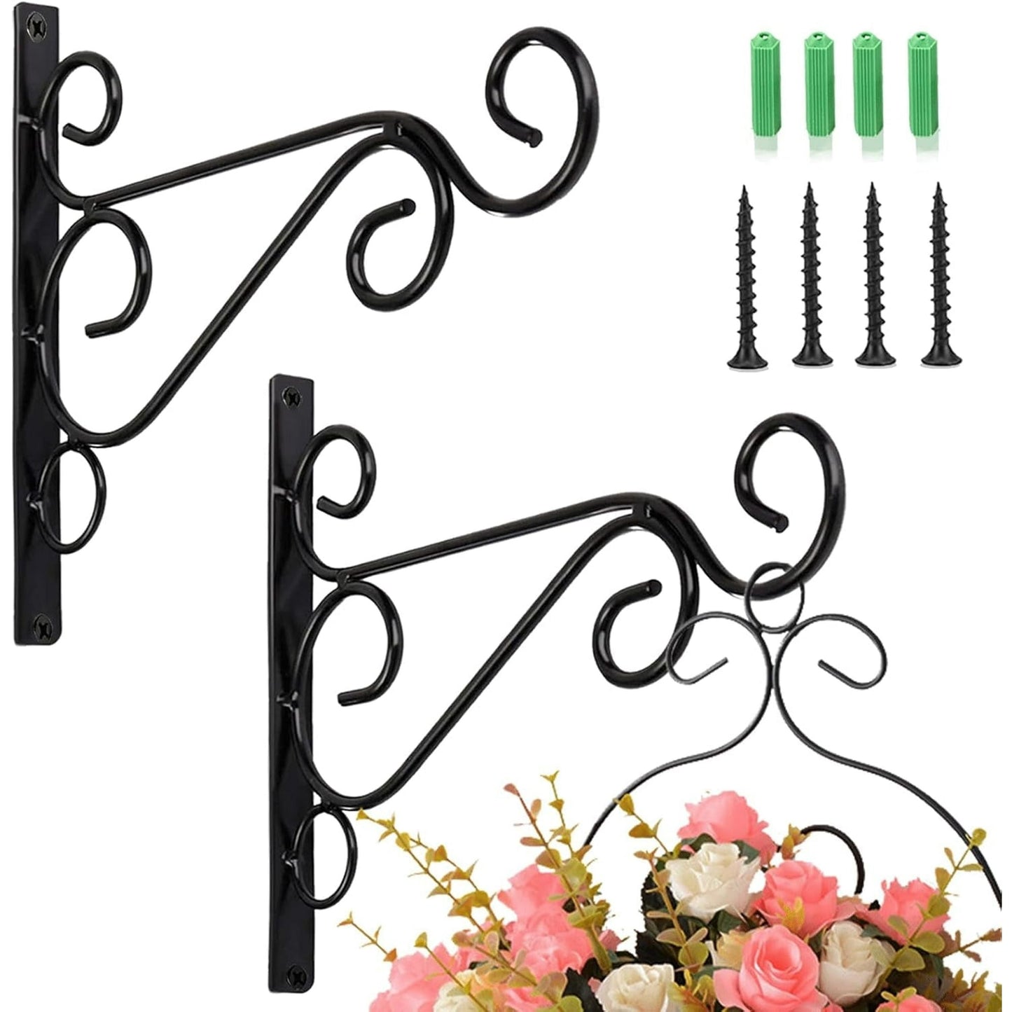 Hanging Plant Brackets, 2pcs 10 inch Bird Feeder Wall Hooks, Metal Hanging Brackets for Plants Lantern Wind Chimes Flower Basket (Black)