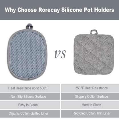 Pot Holders Sets of 2, Silicone Hot Pads for Kitchen,Heat Resistant Oven Mitts Pads with Pockets Non Slip Grip, Large Potholders,Trivets for Cooking, Baking,Gray