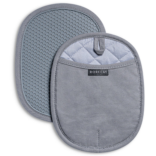 Pot Holders Sets of 2, Silicone Hot Pads for Kitchen,Heat Resistant Oven Mitts Pads with Pockets Non Slip Grip, Large Potholders,Trivets for Cooking, Baking,Gray
