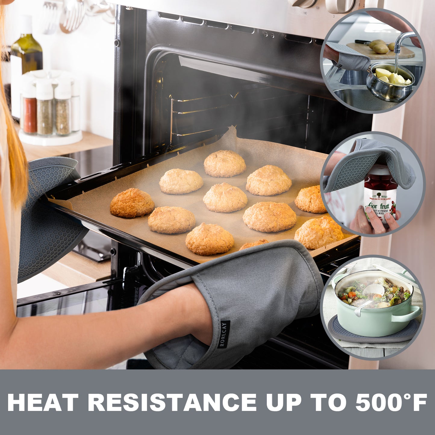 Pot Holders Sets of 2, Silicone Hot Pads for Kitchen,Heat Resistant Oven Mitts Pads with Pockets Non Slip Grip, Large Potholders,Trivets for Cooking, Baking,Gray