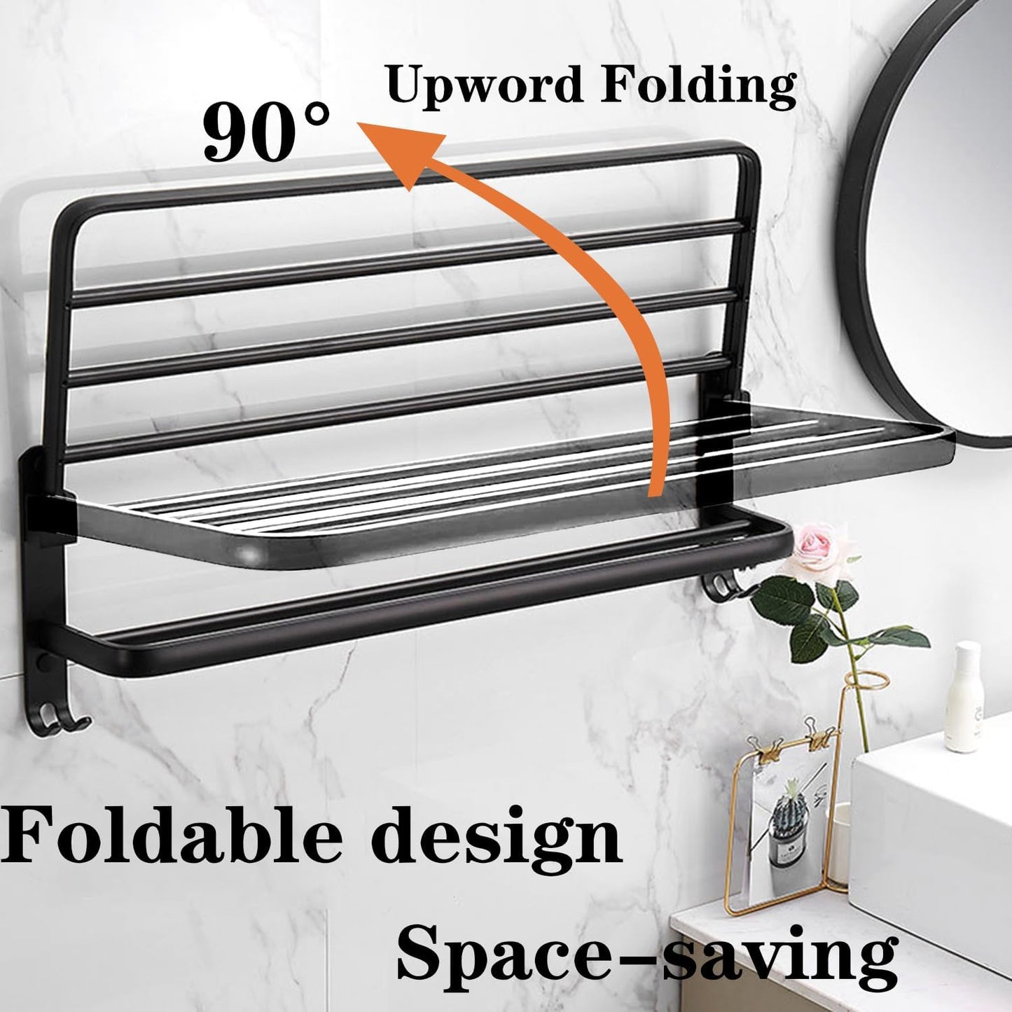 Towel Rack for Bathroom with Towel Bar, 24in Bathroom Towel Holder for Bathroom Wall Mounted, Dinosam Foldable Bathroom Towel Rack with 1 Shelf Black Towel Bar