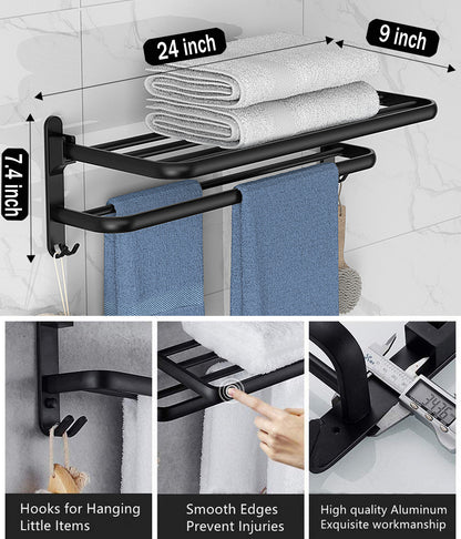Towel Rack for Bathroom with Towel Bar, 24in Bathroom Towel Holder for Bathroom Wall Mounted, Dinosam Foldable Bathroom Towel Rack with 1 Shelf Black Towel Bar