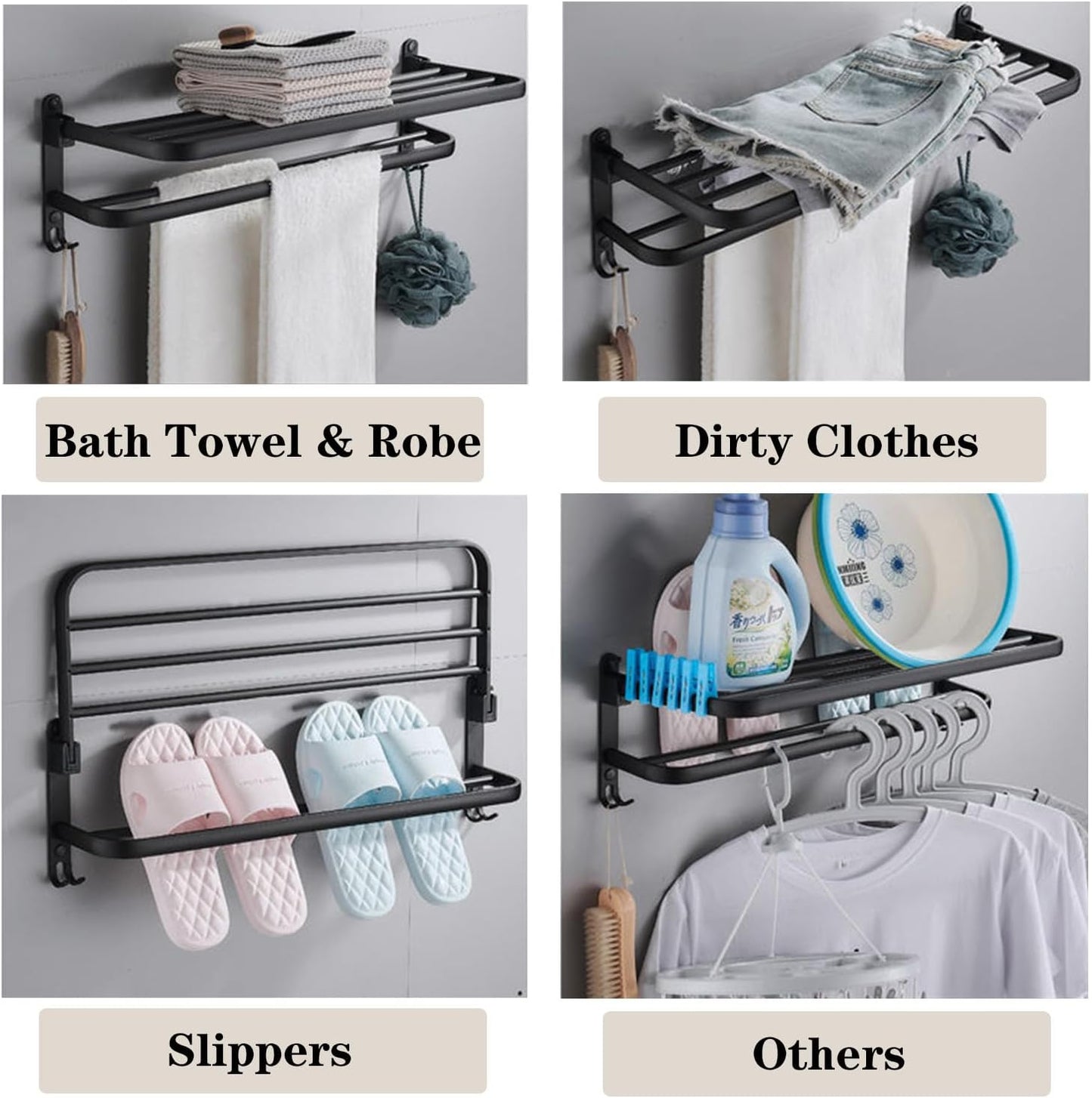 Towel Rack for Bathroom with Towel Bar, 24in Bathroom Towel Holder for Bathroom Wall Mounted, Dinosam Foldable Bathroom Towel Rack with 1 Shelf Black Towel Bar