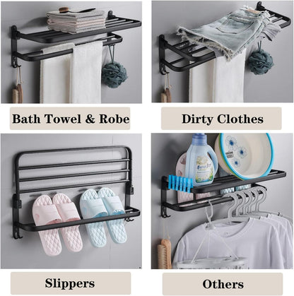 Towel Rack for Bathroom with Towel Bar, 24in Bathroom Towel Holder for Bathroom Wall Mounted, Dinosam Foldable Bathroom Towel Rack with 1 Shelf Black Towel Bar