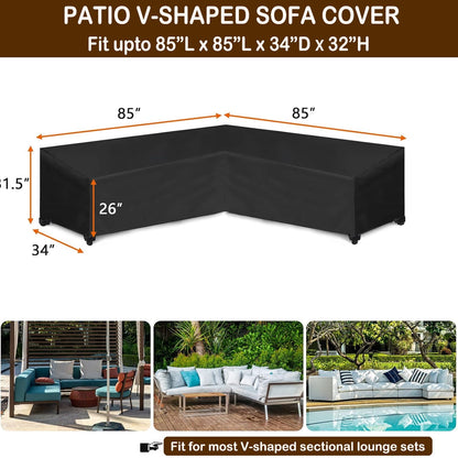 Outdoor Couch Covers for V-Shaped Outdoor Furniture Cover Waterproof Patio Furniture Cover for 5-Seater Outdoor Sectional Cover Weatherproof for Outside L Shape Couch 85" x 85" x 34" x 32"H, Black