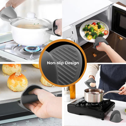 Oven Mitts and Pot Holders Sets,6pcs Pot Holders and Oven Mitts Heat Resistant, Non-Slip Silicone Mini Oven Gloves and Hot Pads for Kitchen,15" Extra Long Oven Gloves for Cooking,Gray