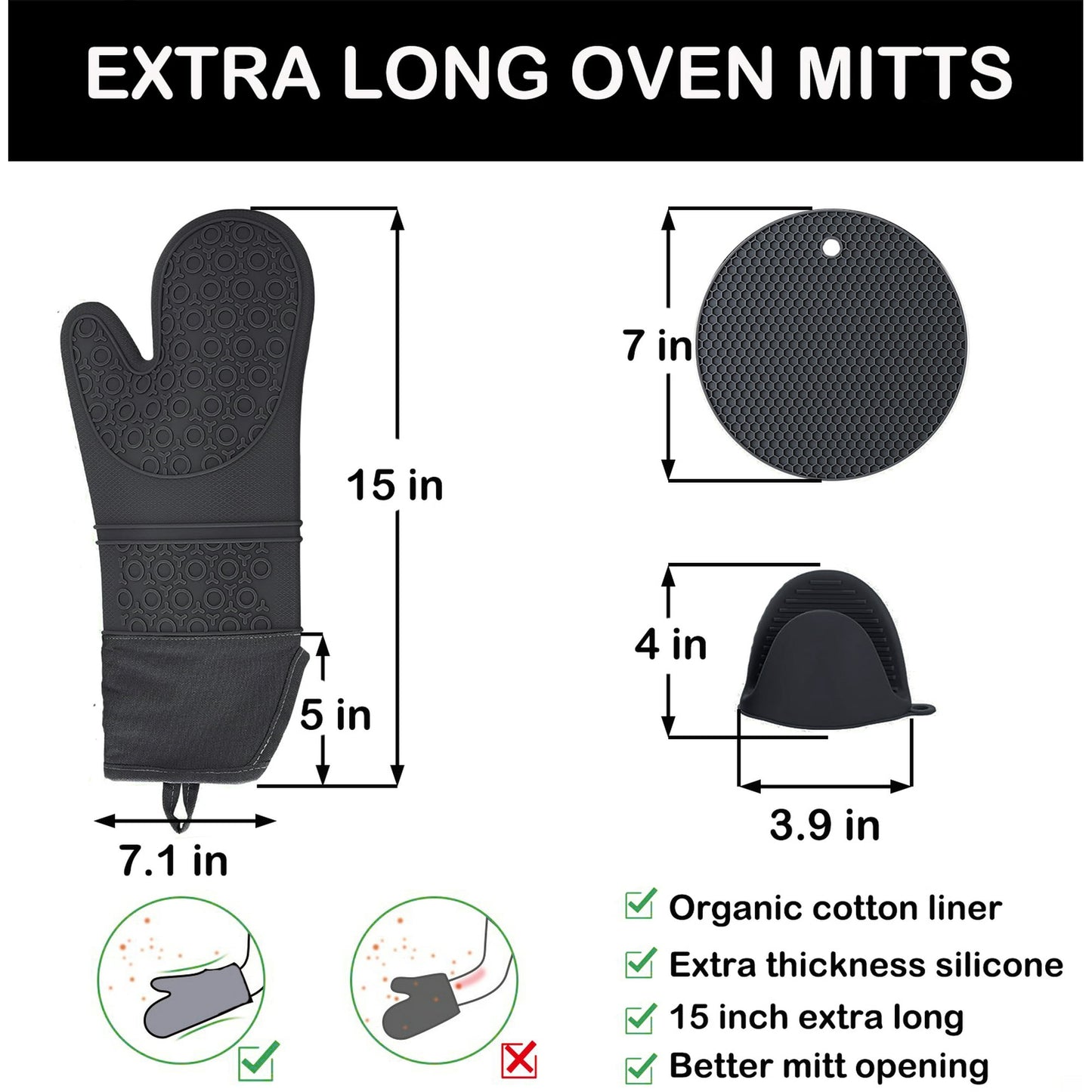 Oven Mitts and Pot Holders Sets,6pcs Pot Holders and Oven Mitts Heat Resistant, Non-Slip Silicone Mini Oven Gloves and Hot Pads for Kitchen,15" Extra Long Oven Gloves for Cooking,Black