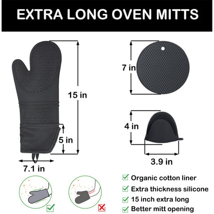 Oven Mitts and Pot Holders Sets,6pcs Pot Holders and Oven Mitts Heat Resistant, Non-Slip Silicone Mini Oven Gloves and Hot Pads for Kitchen,15" Extra Long Oven Gloves for Cooking,Black