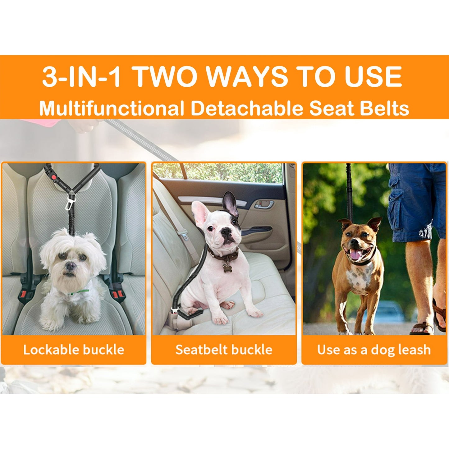2 Pcs Dog Seat Belt for Car, Upgrade 3-in-1 Dog Car Seat Belt with Adjustable Metal Buckle, Dog Car Harness, Dog Seatbelt for Car with Elastic Bungee for Small Medium Large Dogs Pet