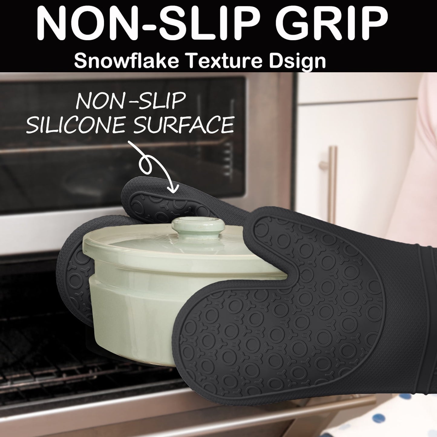 Oven Mitts and Pot Holders Sets,6pcs Pot Holders and Oven Mitts Heat Resistant, Non-Slip Silicone Mini Oven Gloves and Hot Pads for Kitchen,15" Extra Long Oven Gloves for Cooking,Black