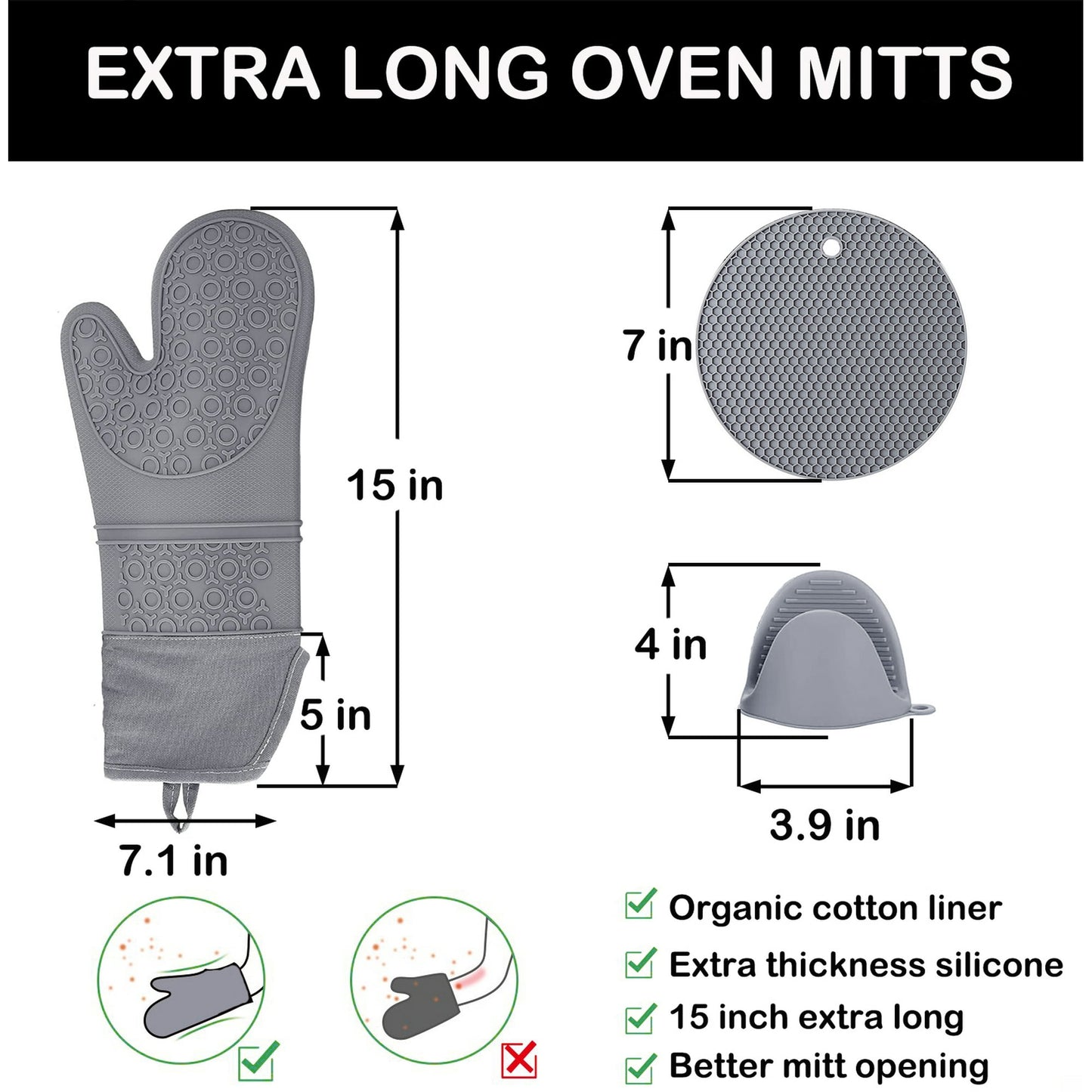 Oven Mitts and Pot Holders Sets,6pcs Pot Holders and Oven Mitts Heat Resistant, Non-Slip Silicone Mini Oven Gloves and Hot Pads for Kitchen,15" Extra Long Oven Gloves for Cooking,Gray