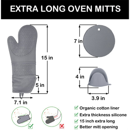 Oven Mitts and Pot Holders Sets,6pcs Pot Holders and Oven Mitts Heat Resistant, Non-Slip Silicone Mini Oven Gloves and Hot Pads for Kitchen,15" Extra Long Oven Gloves for Cooking,Gray