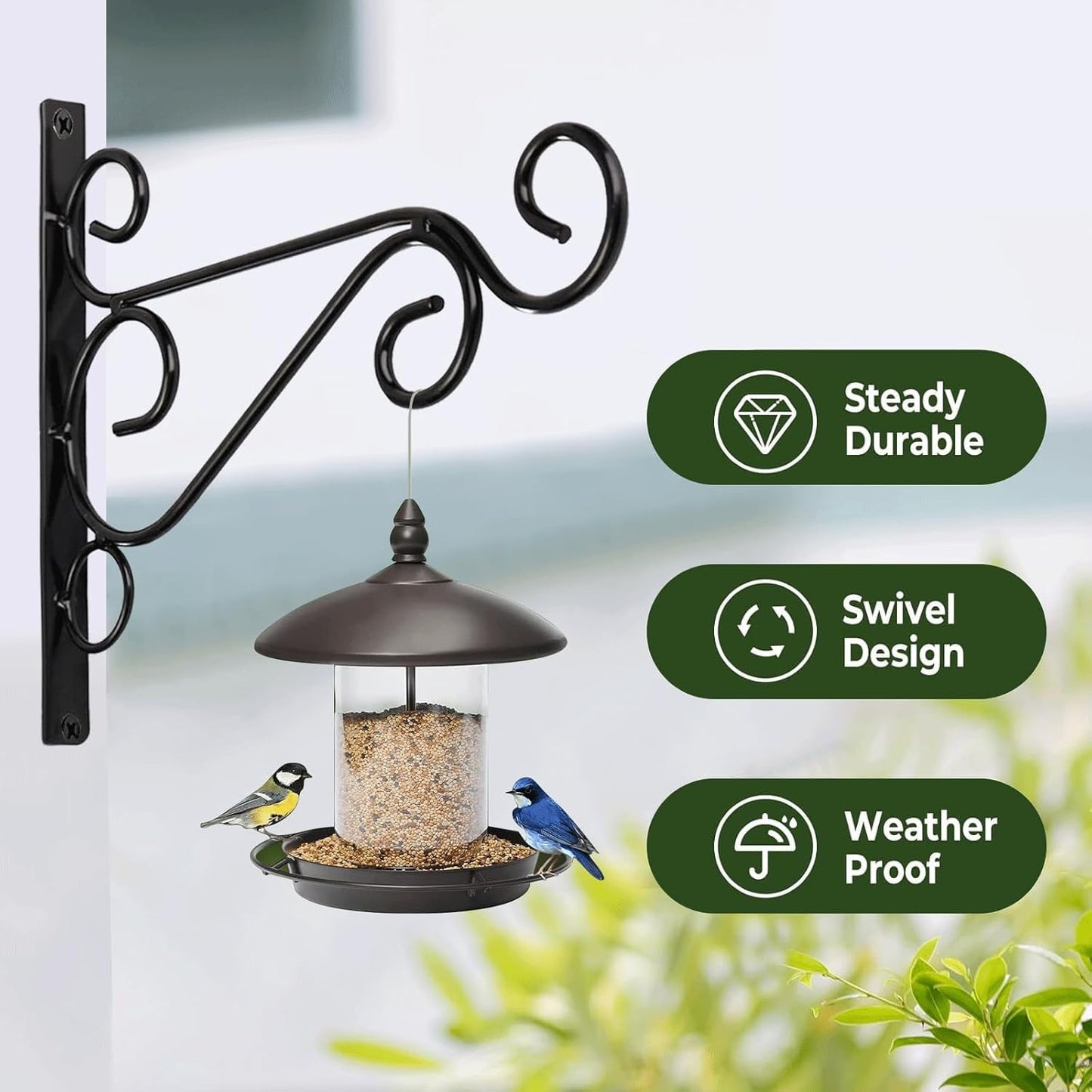 Hanging Plant Brackets, 2pcs 10 inch Bird Feeder Wall Hooks, Metal Hanging Brackets for Plants Lantern Wind Chimes Flower Basket (Black)