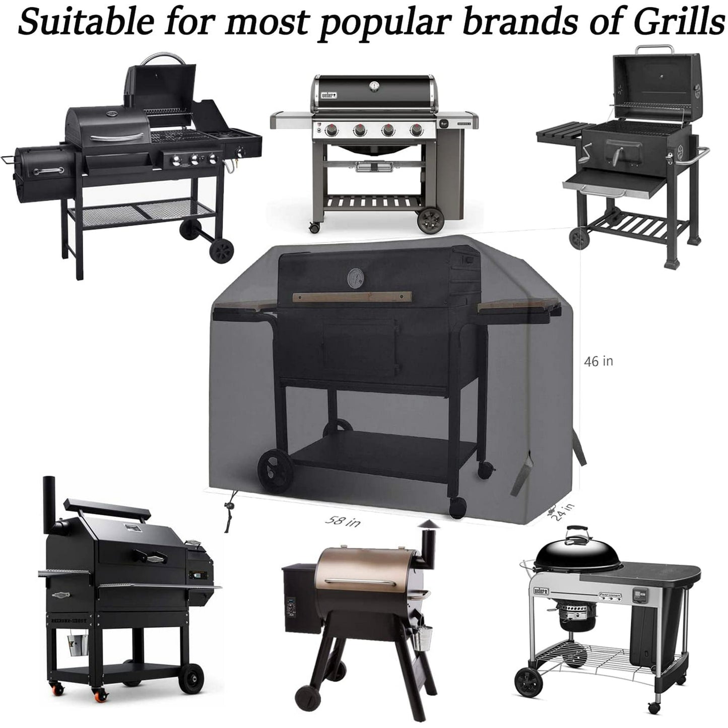 58 Inch BBQ Grill Cover for Outdoor Grill, Waterproof Heavy-Duty Barbecue Gas Grill Cover for 3-5 Burner Barbecue Grill,Black